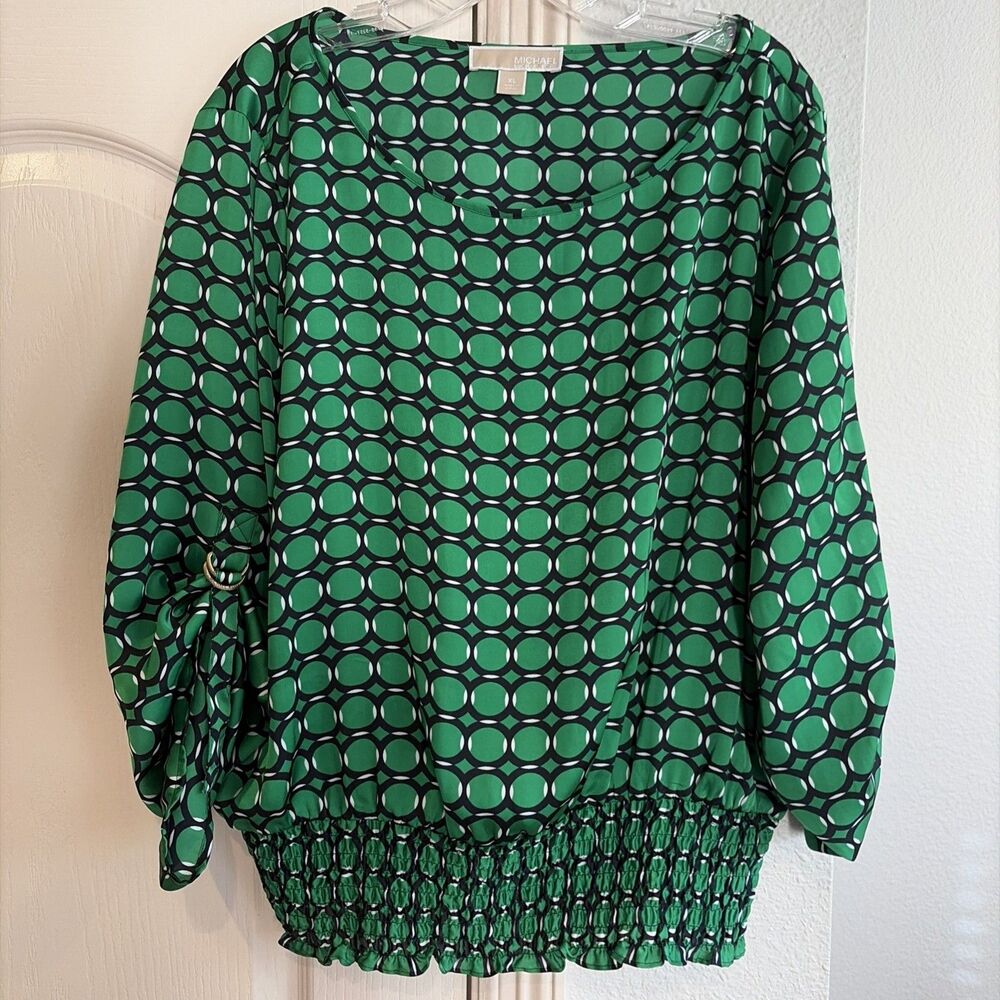 Michael Kors Womens XL Green Geometric Print Blouse Smocked Waist Long Sleeve